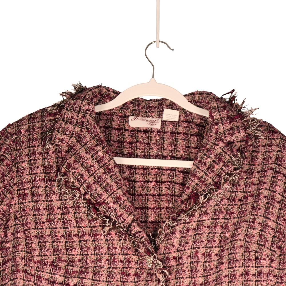 Joanna Plus Blazer Jacket Womens 1X Pink Tweed Fringe Rhinestone Buttons Short - Picture 3 of 12